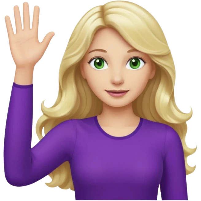 lady with long wavy blonde hair, purple top, green eyes, waving hello emoji