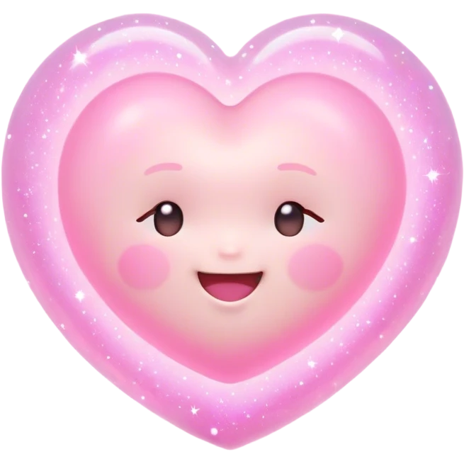 Cinematic floating soft heart, chubby round edges, pastel pink glow, tiny smiling face, surrounded by dreamy sparkles, gentle and loving. emoji