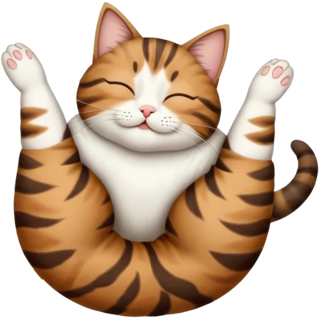 dark brown tabby and white cat in funny positions upside down with eyes closed emoji