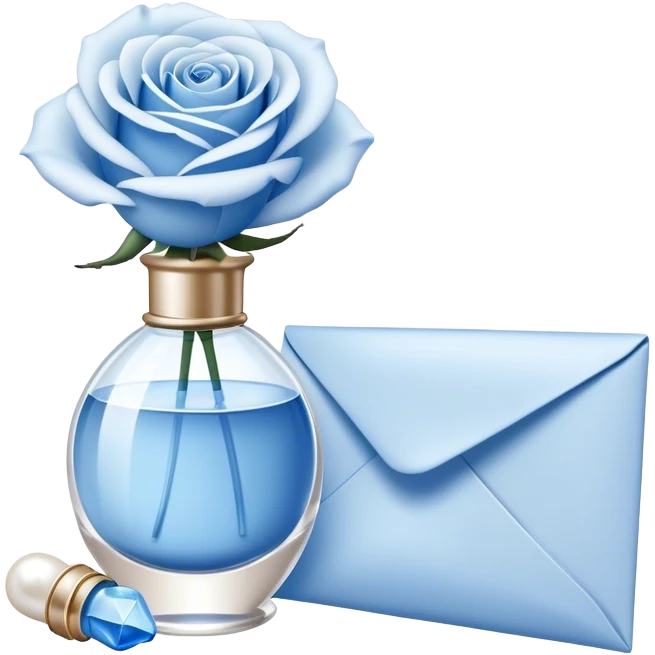 white-blue rose next to a pearl-colored envelope and a flacon of aesthetically pleasing perfume in powder blue  emoji