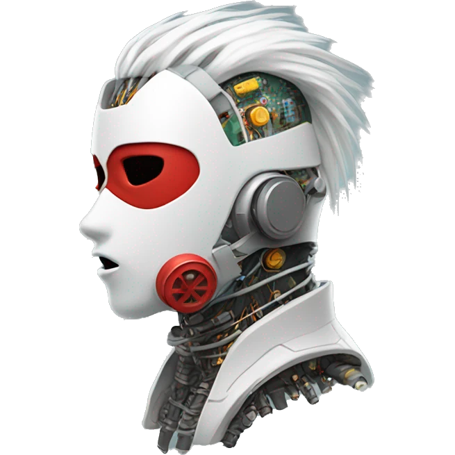 White Mohawk female cyborg head with red respirator mask and circuits emoji