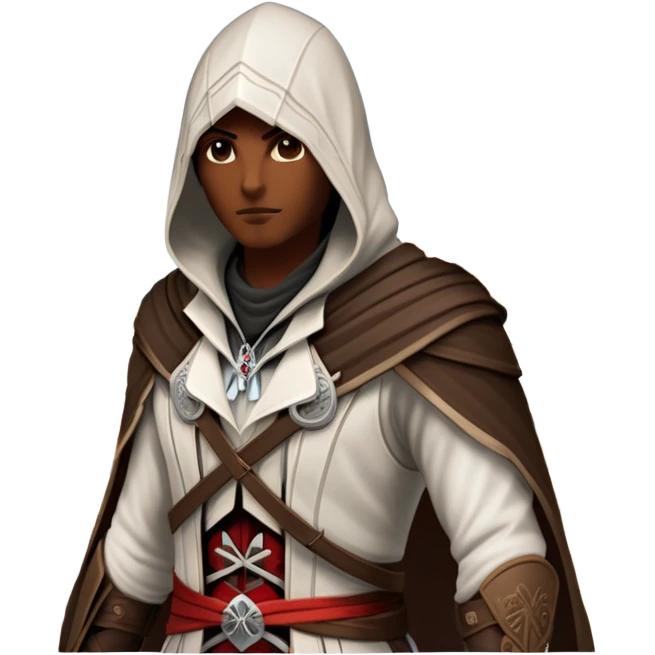 icon featuring Assasin's Creed in an iconic assassin's hood, standing tall against the backdrop of Florence. The design captures the essence of adventure, with intricate details of historical architecture and a sense of mystery. The character is poised, ready for action. transparent background. emoji