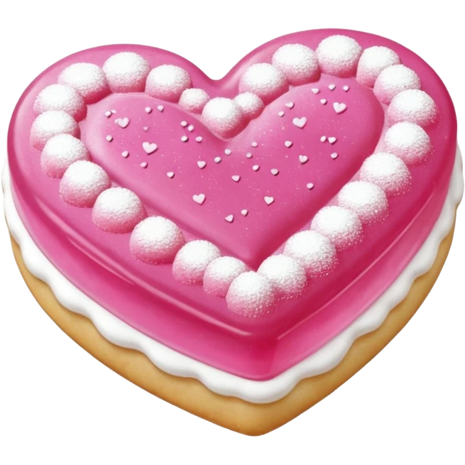 Realistic shortbread cookie in the shape of a heart with pink jelly middle filling and sprinkled powder sugar on top. emoji