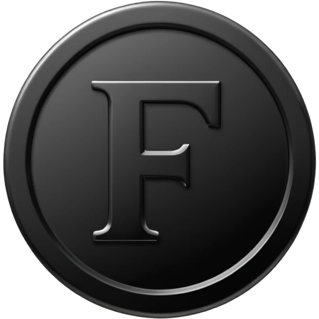Emoji icon of a black coin with engraved letter F, minimalist style, isolated, only black color emoji