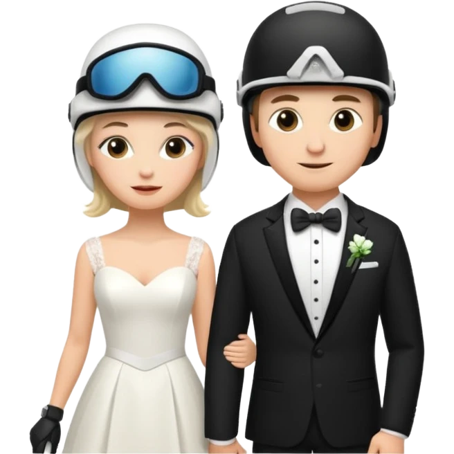 a recently marries couple skiing, ski helmet on in wedding dress and tux emoji