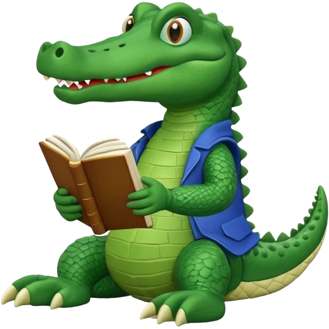 A claymation-style academic alligator with a book. The background is a solid white circle emoji