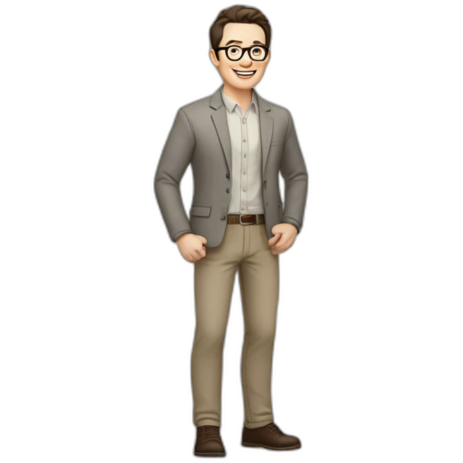 Joyful Full height Pale skinned Fit Man With dark brown hair in gray jacket, beige office shirt, Brown pants and vintage glasses. His thrumbs up emoji