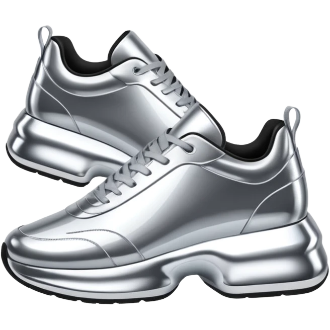 A pair of futuristic sneakers emoji made of silver chrome, sleek streetwear design, smooth metallic panels, subtle reflections, luxury swag aesthetic, iOS emoji style, centered, clean white background emoji
