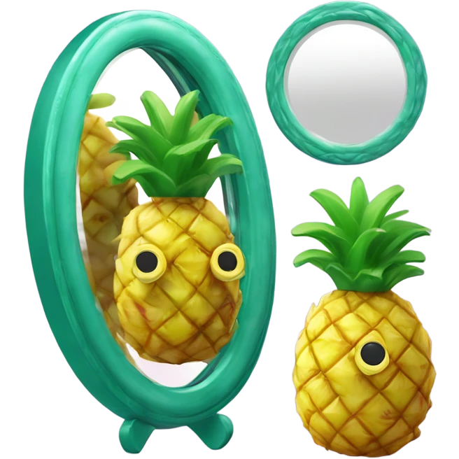 3D elegant pineapple🍍  with big shiny eyes 👀 pineapple holds mirror with its reflection 🪞🍍 emoji