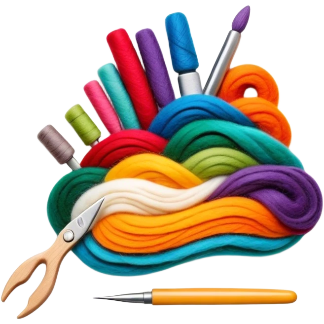 Felt art icon, colorful felt pieces being layered and shaped into a picture or decorative piece, felting needle and tools, intricate felted design in progress, minimalistic style, clean lines, transparent background. emoji