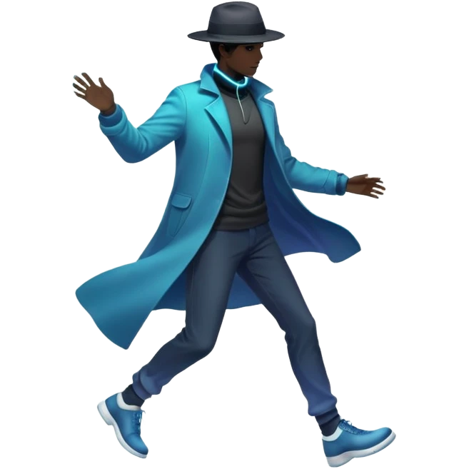Male silhouette with flowing energy aura around it and small style elements like hat, jacket and shoes orbiting around, ethereal masculine style inspiration emoji