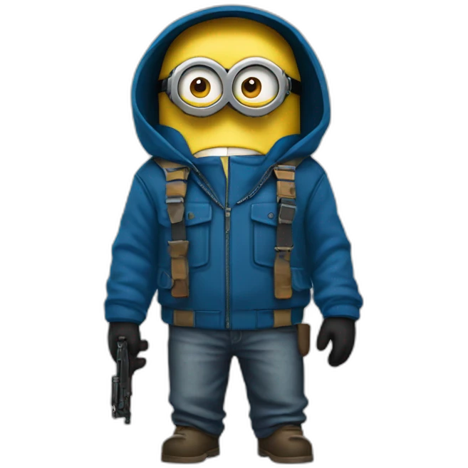 minion with two guns blue jacket hood emoji | AI Emoji Generator