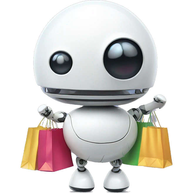 cute white floating spherical happy robot with shopping bags emoji