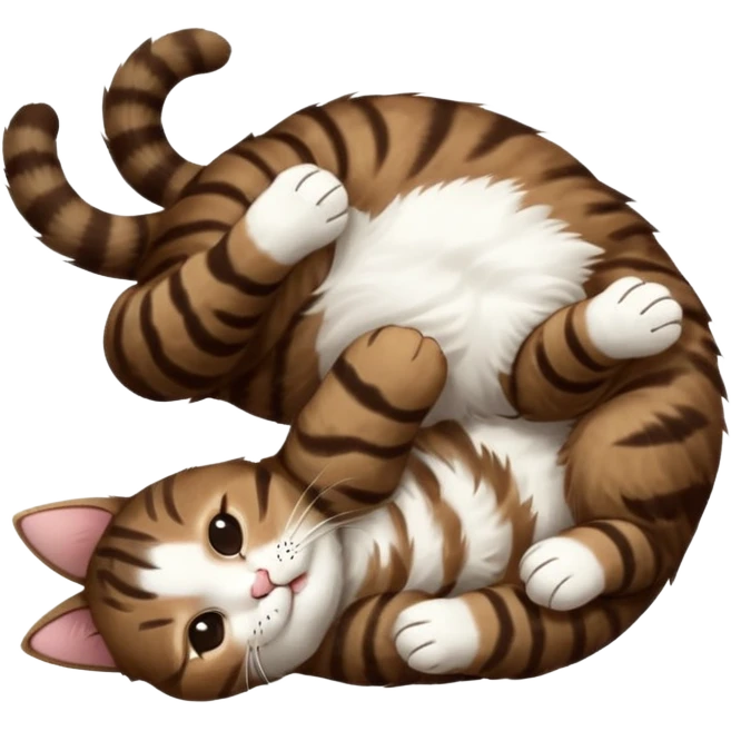 dark brown tabby and white cat in funny positions upside down with eyes closed emoji
