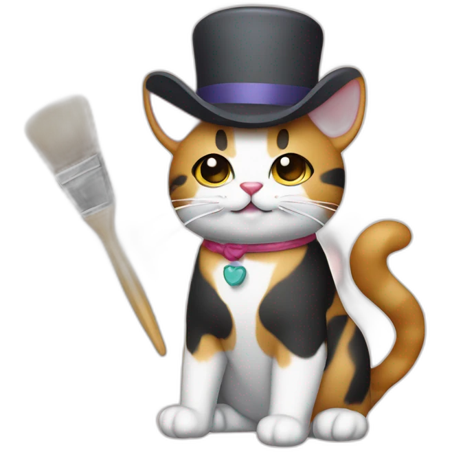 Kawaii cat artist in hat with palette and brush so it can be used as a mouse cursor emoji