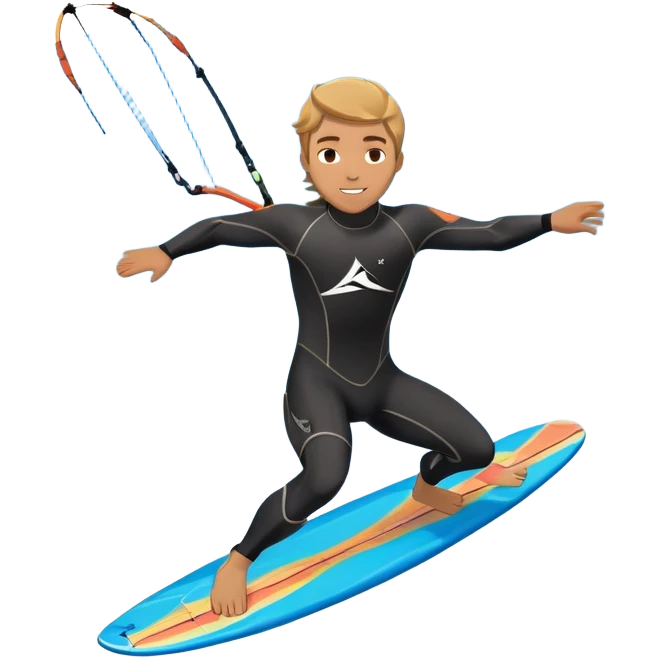 An athlete in a wetsuit riding a kiteboard, soaring over the waves with the kite high in the sky. The background features a vibrant blue sky and crashing ocean waves, capturing the thrill and freedom of kitesurfing in dynamic motion. emoji