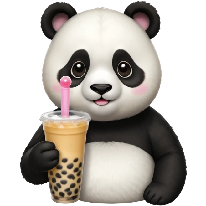 A panda drinking bubble tea, excited about the toppings, portrait, bust up emoji