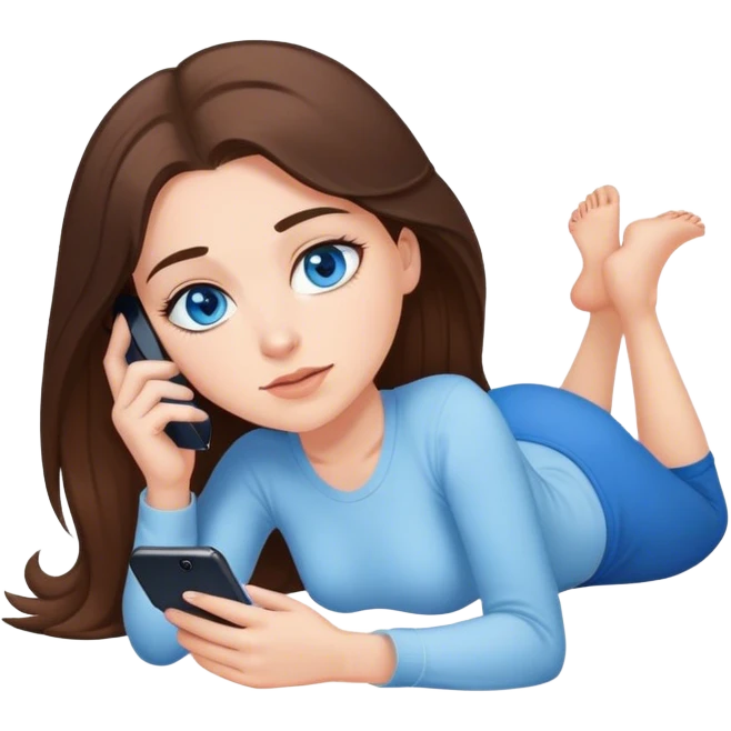 White girl brunett blue eyes laying on stomach using her phone  emoji