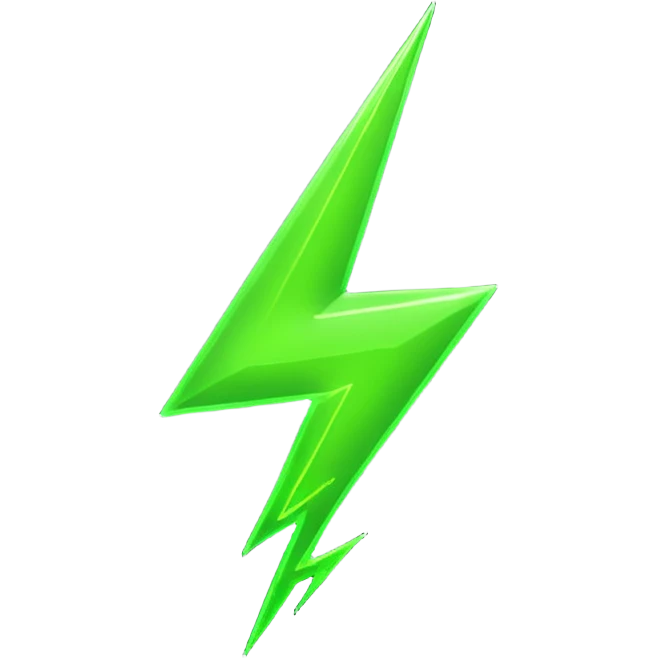 A single neon green lightning bolt emoji, glossy and smooth, vibrant neon green color, high detail, simple and cute design, isolated on white background, centered composition

 emoji