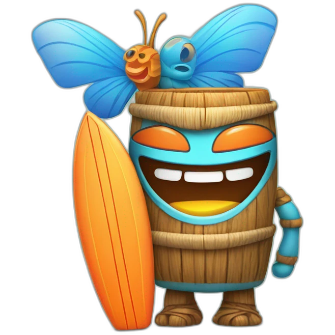 Cartoon Blue and orange smiling tiki with butterfly and surfboard emoji