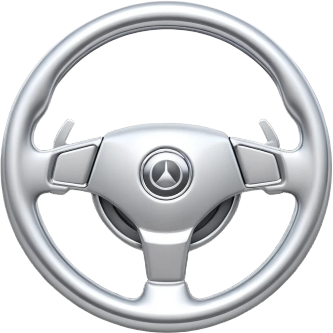 A futuristic steering wheel emoji made of silver chrome, minimal geometric design, smooth metallic surface, soft reflections, iOS emoji style, centered, clean white background emoji