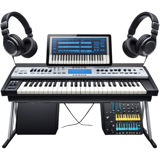 Create a professional and artistic emoji that represents writing music tracks. The design should feature a large monitor displaying musical notes or a score, positioned in front of a professional Korg synthesizer. Add elements like studio headphones, a MIDI keyboard, and an audio interface to symbolize the tools used in music production. Use sleek, modern colors like silver, black, and neon accents to convey the professional environment of music composition. The background should be transparent. emoji