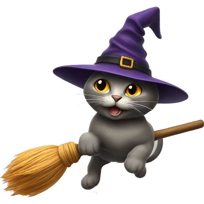 cat with witch hat flying on a broomstick emoji