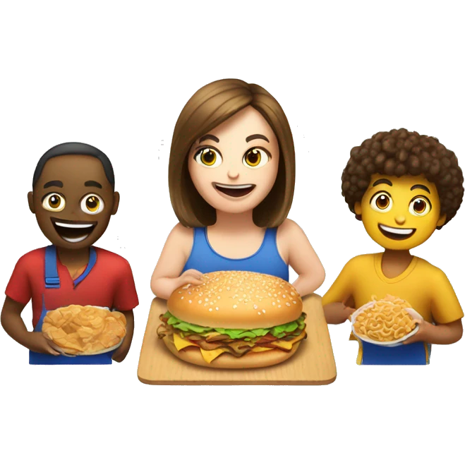 An emoji representing a food competition with three participants: a large person, a medium-sized person, and a small person, all competing in a fun and lively eating contest emoji