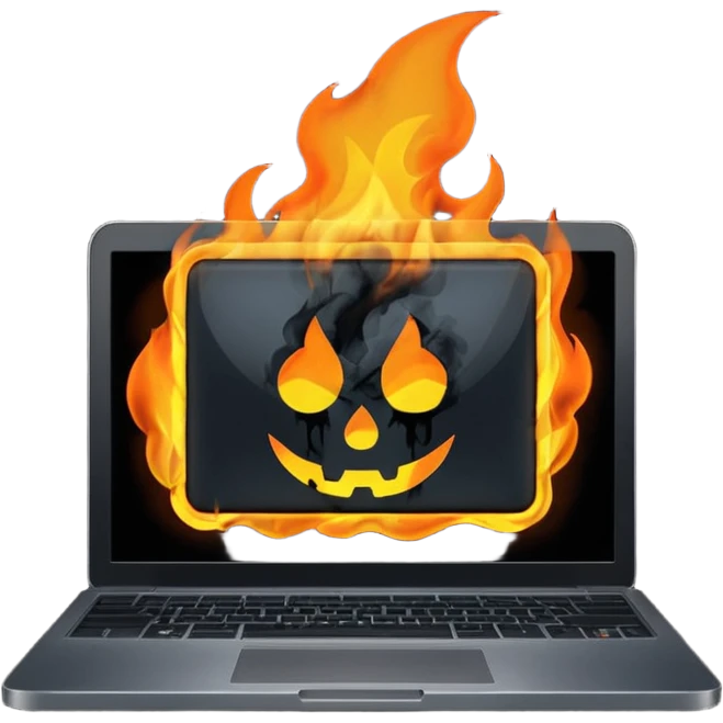  burning laptop with "malwarebytes" logo emoji