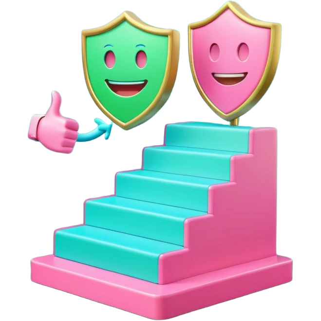 Minimalist 3D emoji-style podium with 2 steps on a green chroma key background. Step 1 (higher) features a handshake icon with blue neon glow. Step 2 (lower) features a smiling tooth with a shield icon and pink neon glow. Clean rendering, soft colors, uniform lighting. emoji