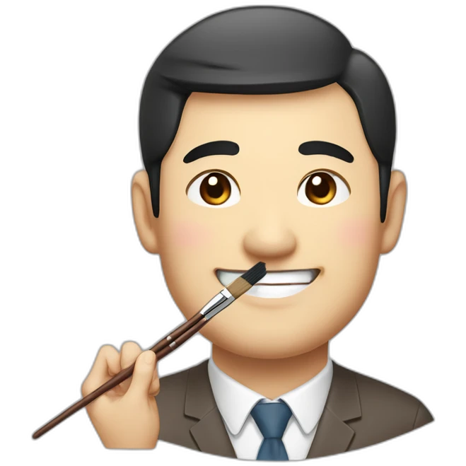 Japanese uncle with a thick round face, slightly droopy eyes, thin eyebrows, large head, cute dark brown hair, holding a brush and pencil, smiling emoji