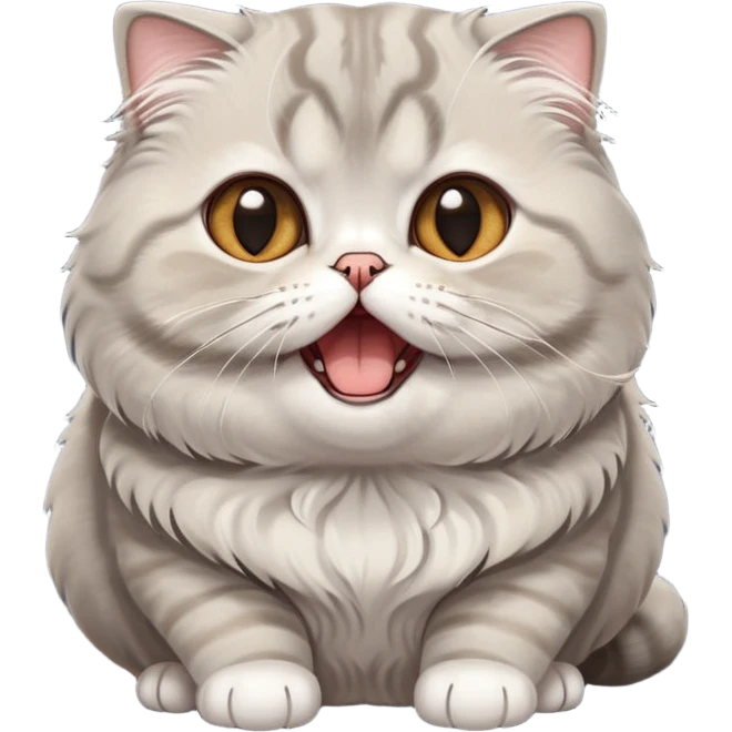 Cinematic-Adorable-Scottish-Fold-Cat-Portrait-Emoji – Big-eyed, fluffy Scottish Fold cat with a playful head tilt and a cute yawn, soft solid grey fur, tiny folded ears giving it an irresistibly sweet expression, simplified yet charmingly cute features, round amber eyes full of curiosity, highly detailed with a gentle glow. emoji