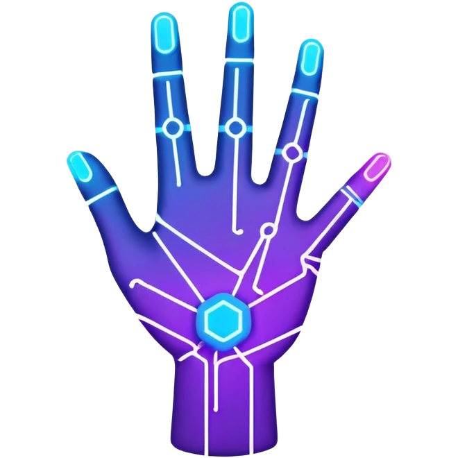 A futuristic abstract logo featuring a geometric hand outline with circuit-like lines, glowing in neon blue and purple, minimal and modern design emoji