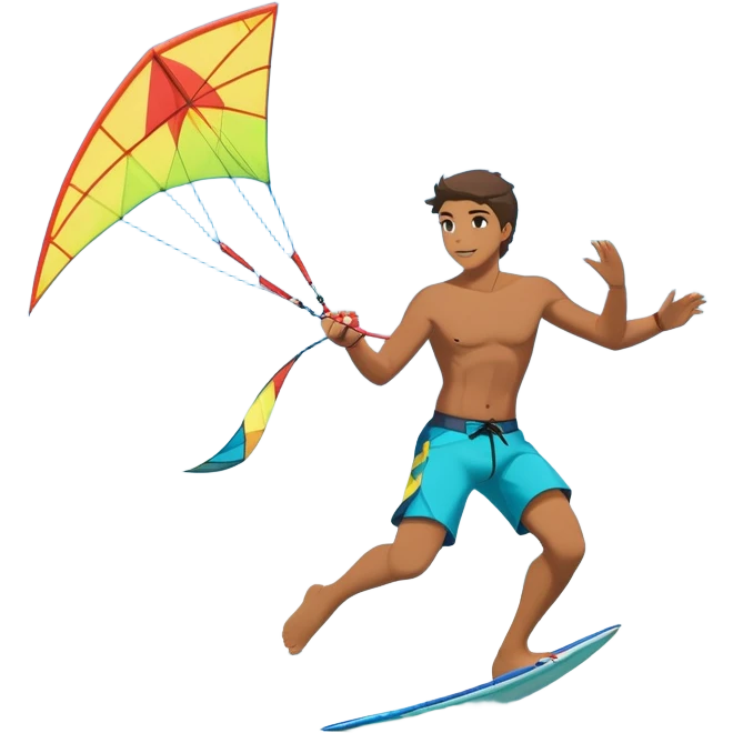 A kite surfer soaring above the waves, holding onto a kite with the wind in full force. The background showcases the ocean and sky, emphasizing the freedom, thrill, and energy of the sport. The motion of the kite and board is dynamic, capturing the excitement of kiting. emoji