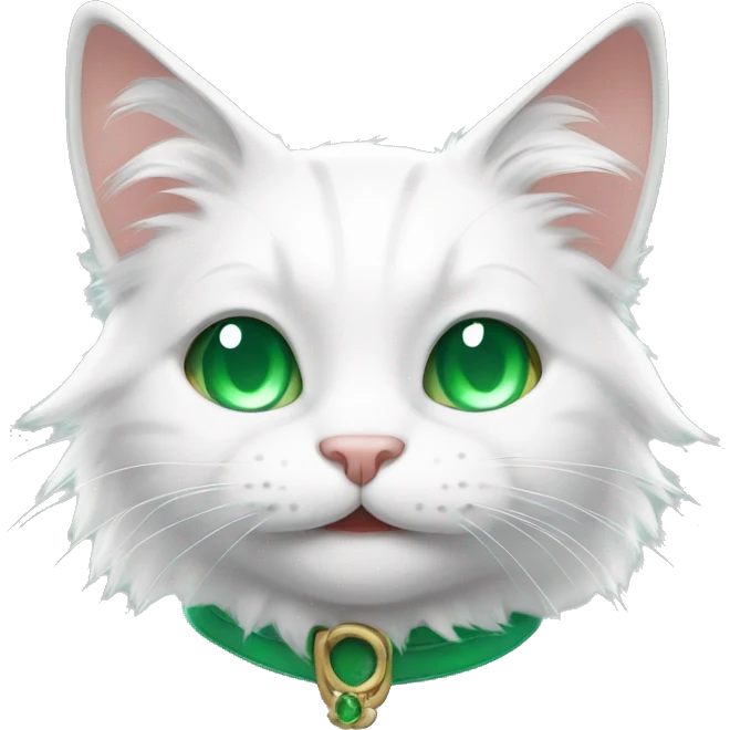 smiling white cat with fluffy ears and emerald eyes emoji