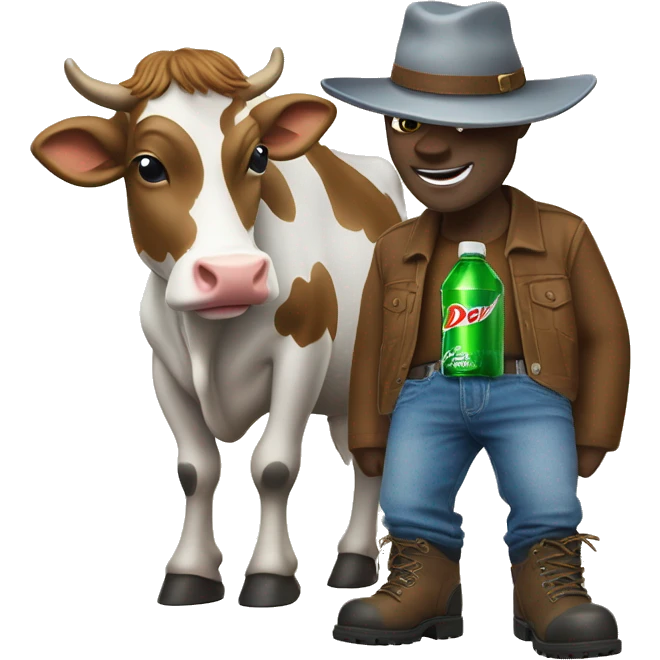 Cow with a Mountain Dew in its hand with jeans and boots and a 𐚁 hat on  emoji