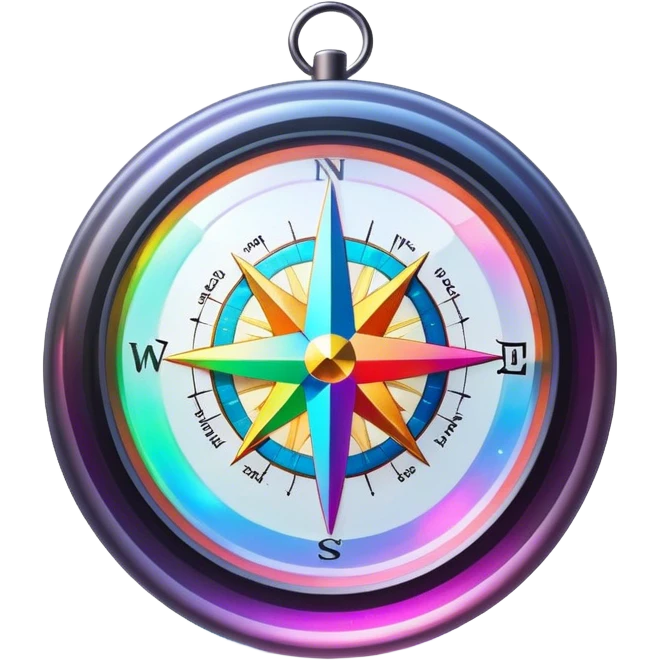 A glowing, holographic compass with vibrant neon rainbow colors inside a crystal-clear sphere emoji