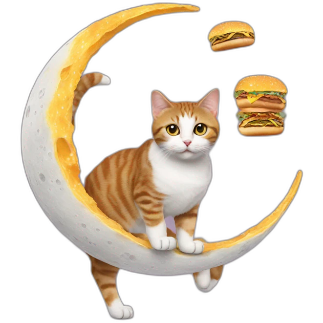 cat walking on moon with boots made of burgers emoji