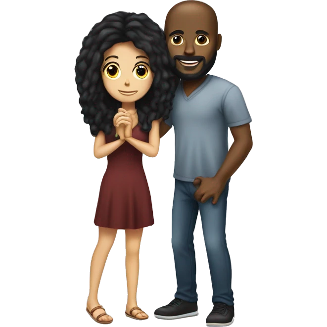 Black guy proposing with beard no moustache on one knee with a ring to a standing girl with long black hair emoji