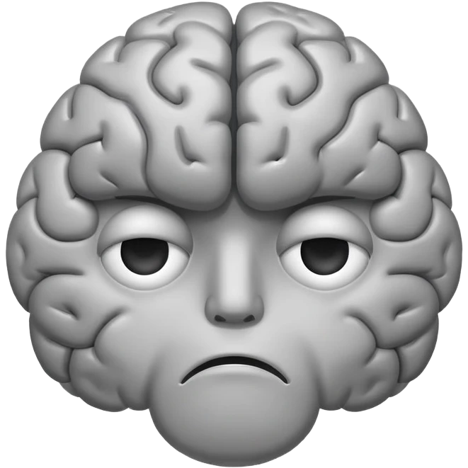 A sad, unhealthy brain with a frowning face, looking sick and tired emoji