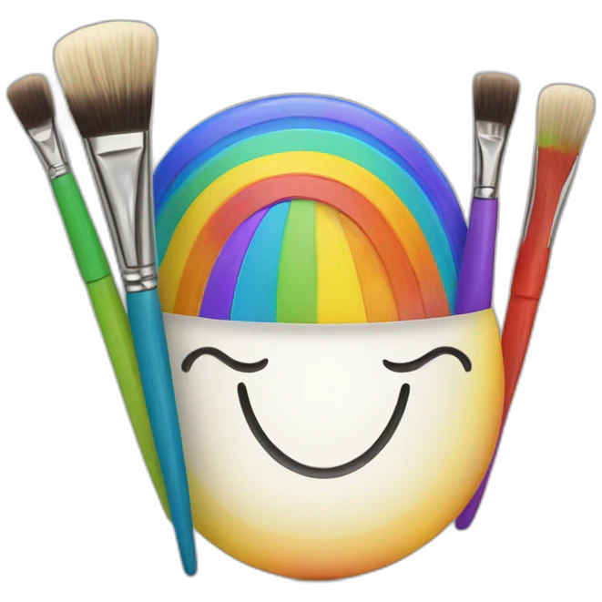 A smiling rainbow with paintbrushes as arms emoji