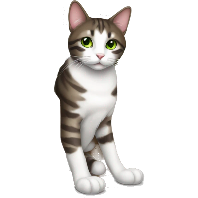 Dark Brown and white tabby cat with green eyes sitting in a box  emoji
