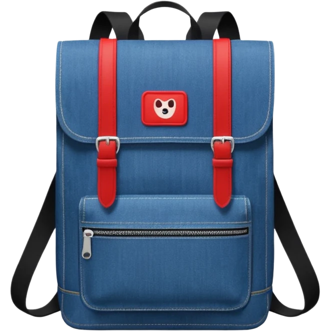 a blue denim backpack with a flap top, two vertical black buckle straps on the front. The backpack has two side pockets and a soft square shape. at front view bottom pocket, red and white two divided logo 

 emoji