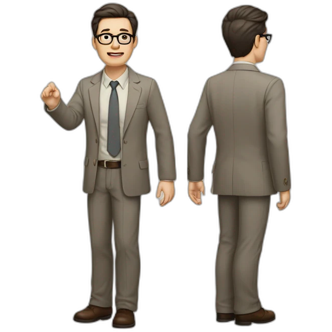 Full height Actively gesturing with hands Pale skinned fit man with dark brown hair in gray jacket, beige office shirt, brown tie, brown pants and vintage glasses. emoji