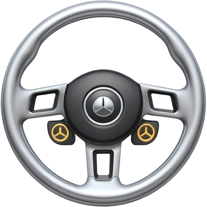 A futuristic steering wheel emoji made of silver chrome, minimal geometric design, smooth metallic surface, soft reflections, iOS emoji style, centered, clean white background emoji
