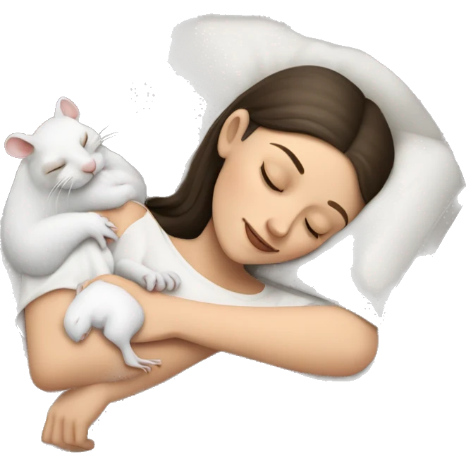 white brunette sleeping woman cuddling with one tiny white rat with red eyes emoji