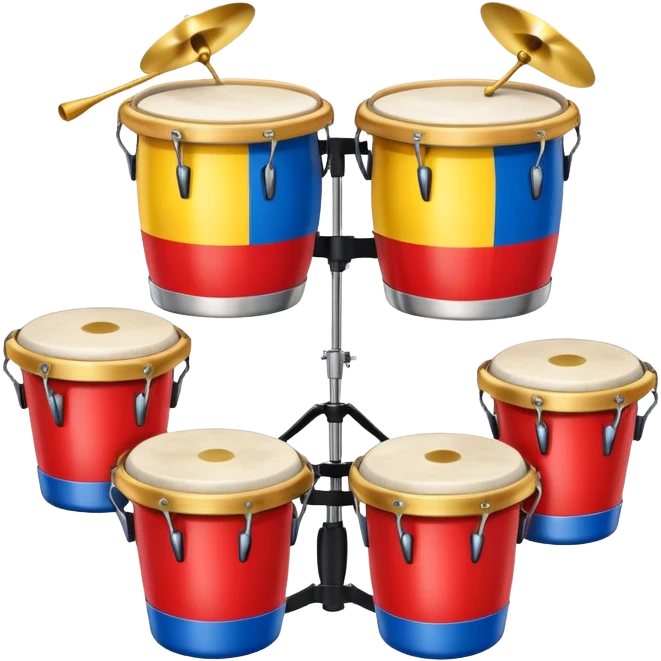 Colombian salsa music instruments - congas, trumpet, and timbales with Colombian flag colors emoji