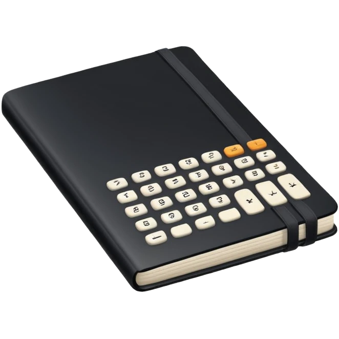 Minimalistic flat vector icon, iOS style, thin black contour on white background. Small black notebook with visible binding, placed next to a calculator. Clean, modern, no text, no shadows. emoji