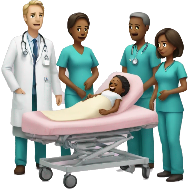 a woman gives birth and doctors stand nearby emoji