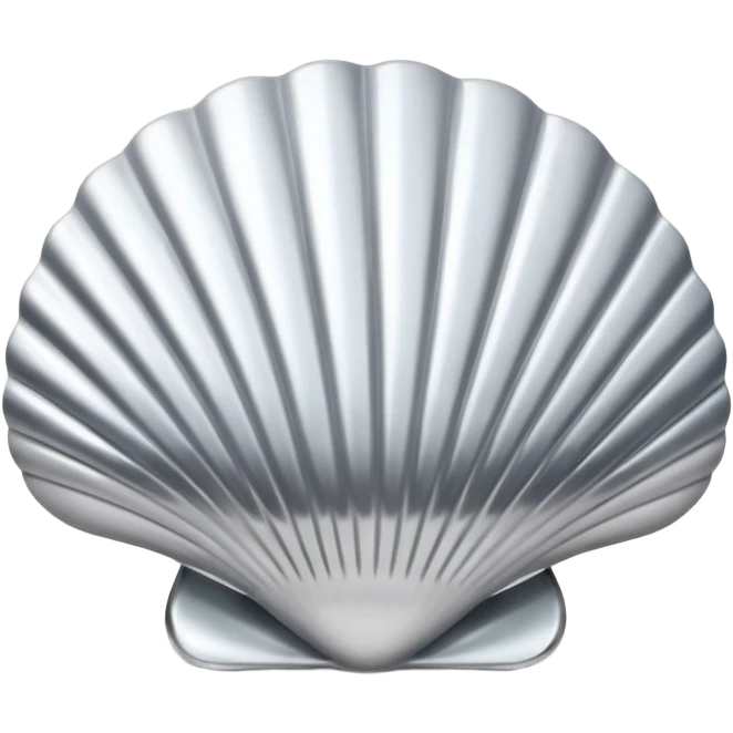 A seashell emoji made of polished silver chrome, smooth curved surface, reflective metallic highlights, elegant minimal design, iOS emoji style, centered, clean white background, soft lighting emoji